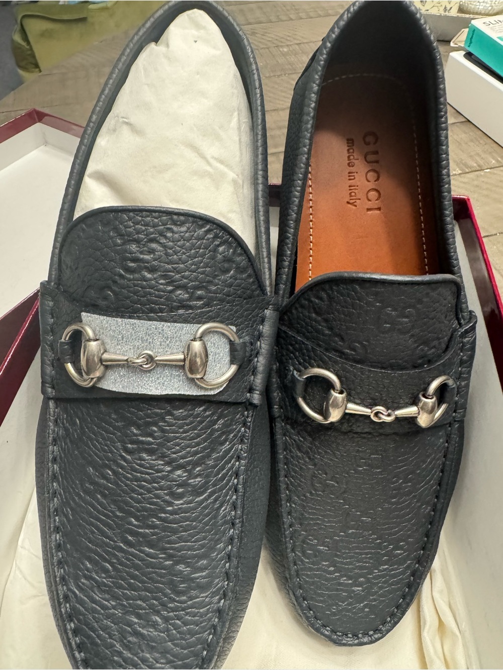 Gucci Blue  Pebbled Leather Horsebit Loafers